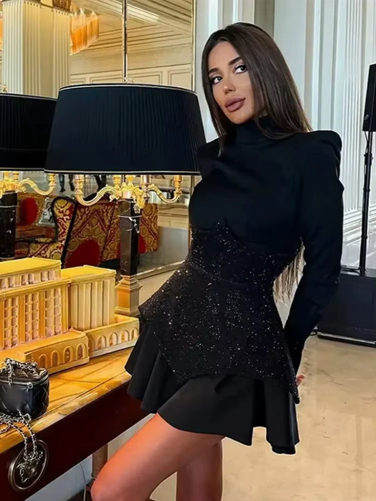 Long Sleeves Waist Sparkle Diamond Mini Dress