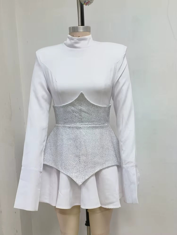 Long Sleeves Waist Sparkle Diamond Mini Dress